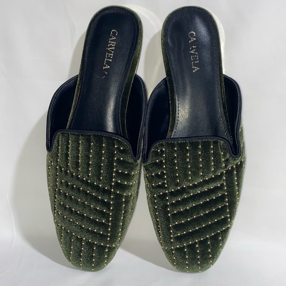 CARVELA⭐️VELVETY GREEN⭐️GOLD BEADED SLIP ON SLIPPERS⭐️SIZE: 8 1/2 ~ 38.5